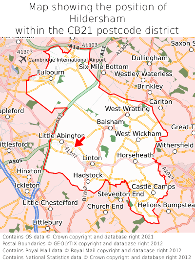 Map showing location of Hildersham within CB21