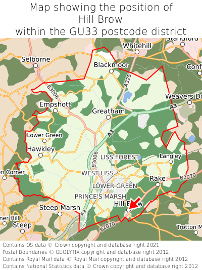 Map showing location of Hill Brow within GU33
