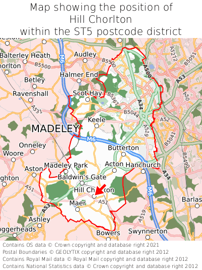 Map showing location of Hill Chorlton within ST5