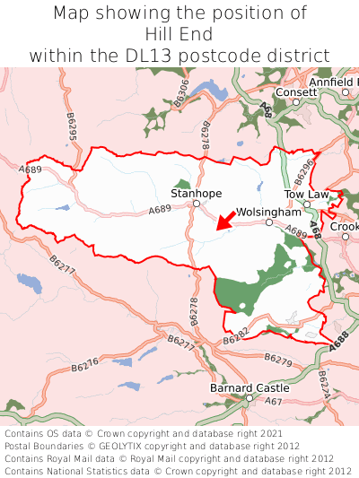 Map showing location of Hill End within DL13