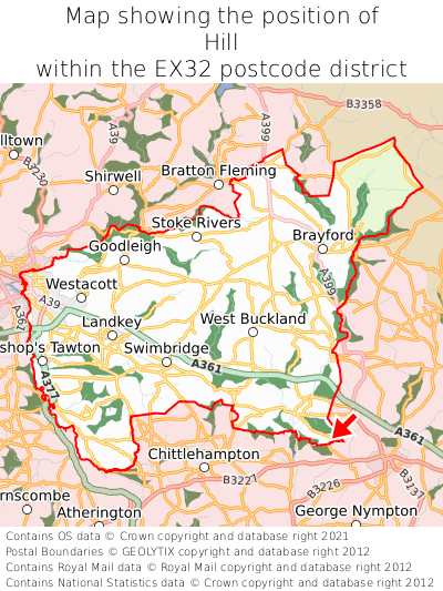 Map showing location of Hill within EX32
