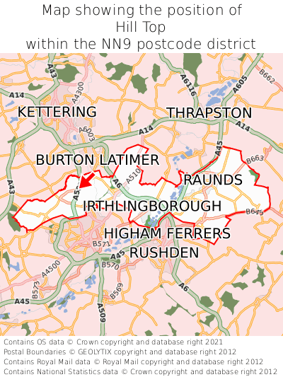 Map showing location of Hill Top within NN9