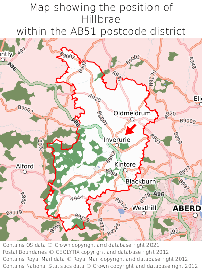 Map showing location of Hillbrae within AB51