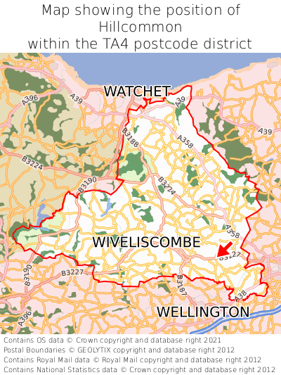 Map showing location of Hillcommon within TA4