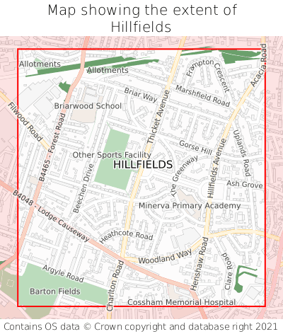 Map showing extent of Hillfields as bounding box