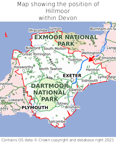 Map showing location of Hillmoor within Devon
