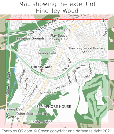 Map showing extent of Hinchley Wood as bounding box