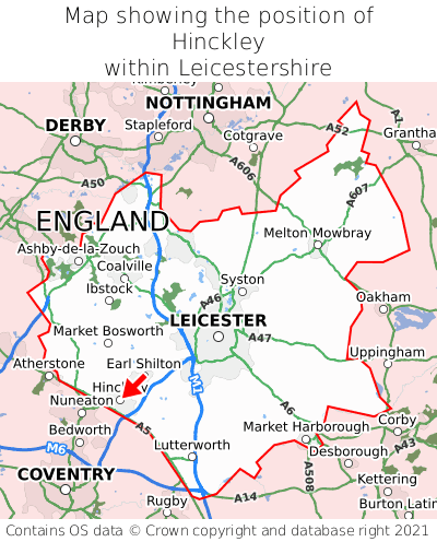 Map showing location of Hinckley within Leicestershire