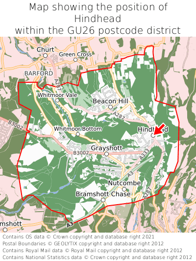 Map showing location of Hindhead within GU26