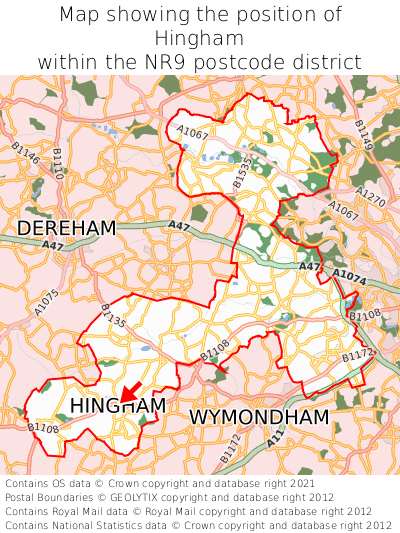 Map showing location of Hingham within NR9