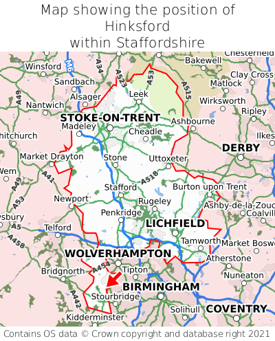 Map showing location of Hinksford within Staffordshire