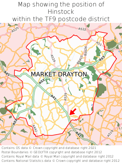 Map showing location of Hinstock within TF9
