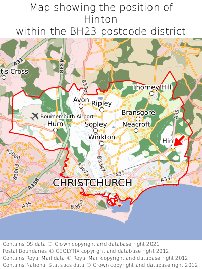 Map showing location of Hinton within BH23