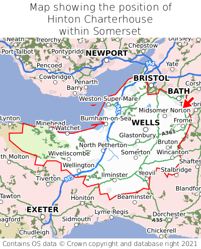 Map showing location of Hinton Charterhouse within Somerset