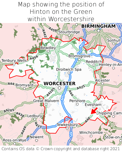 Map showing location of Hinton on the Green within Worcestershire