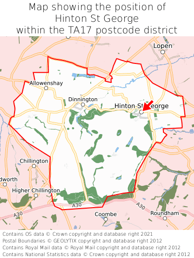 Map showing location of Hinton St George within TA17
