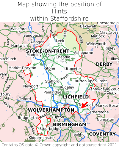 Map showing location of Hints within Staffordshire