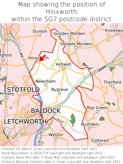 Map showing location of Hinxworth within SG7