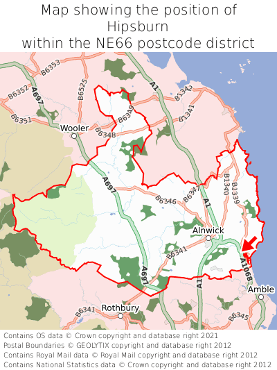 Map showing location of Hipsburn within NE66