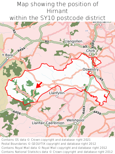 Map showing location of Hirnant within SY10