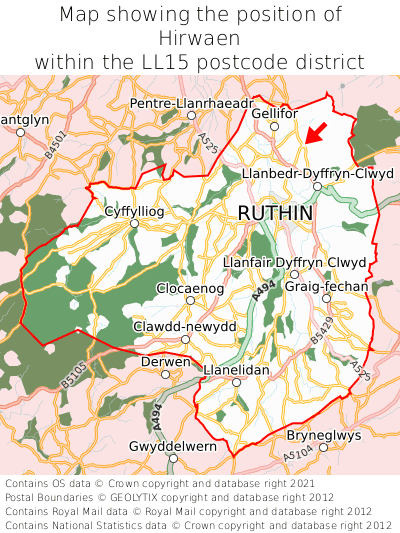 Map showing location of Hirwaen within LL15