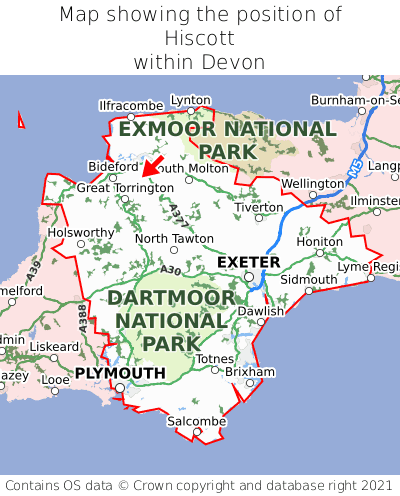 Map showing location of Hiscott within Devon