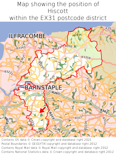 Map showing location of Hiscott within EX31