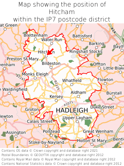 Map showing location of Hitcham within IP7