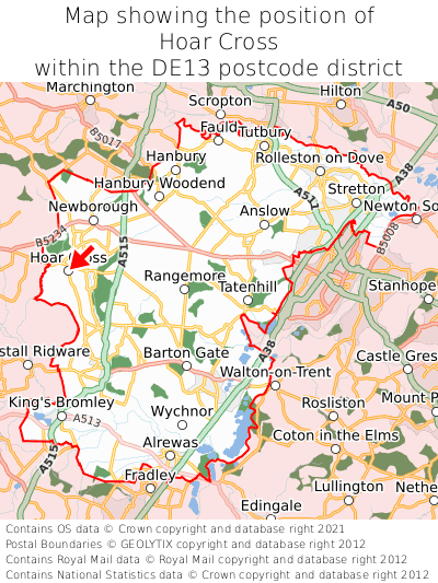 Map showing location of Hoar Cross within DE13