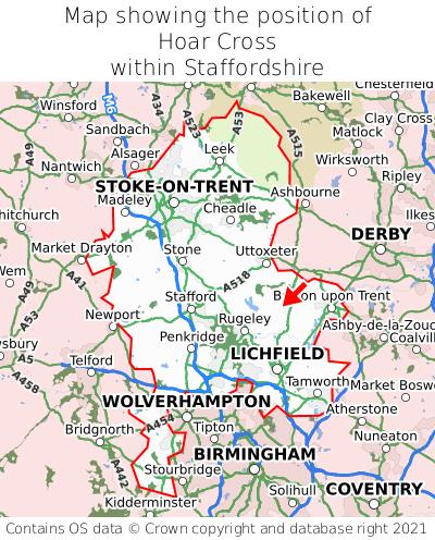 Map showing location of Hoar Cross within Staffordshire