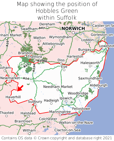 Map showing location of Hobbles Green within Suffolk