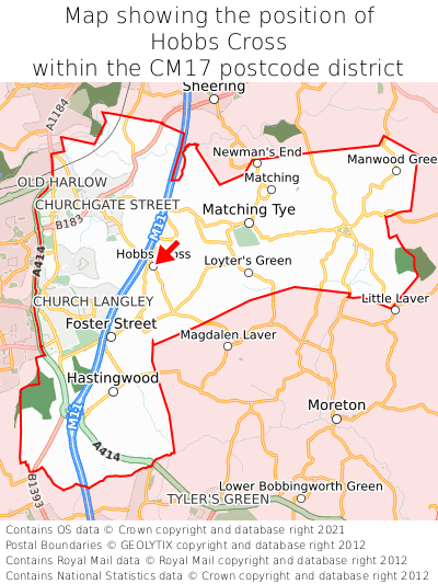 Map showing location of Hobbs Cross within CM17