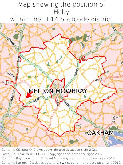 Map showing location of Hoby within LE14