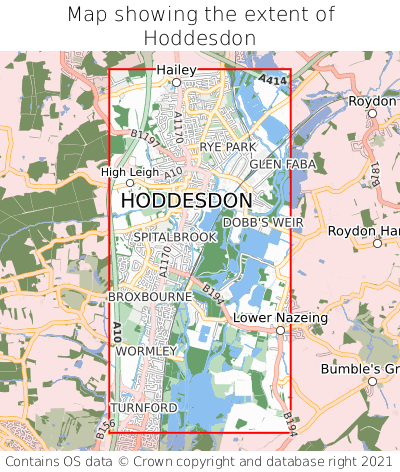 Map showing extent of Hoddesdon as bounding box