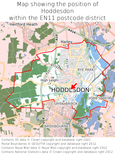 Map showing location of Hoddesdon within EN11