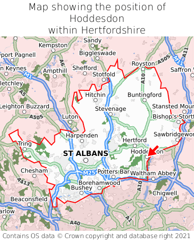 Map showing location of Hoddesdon within Hertfordshire