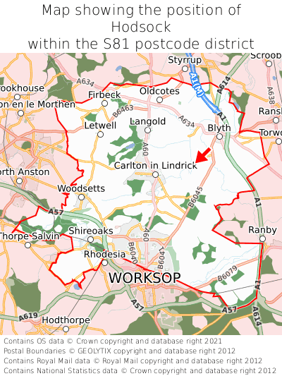 Map showing location of Hodsock within S81