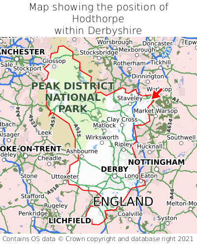Map showing location of Hodthorpe within Derbyshire