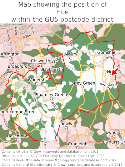 Map showing location of Hoe within GU5