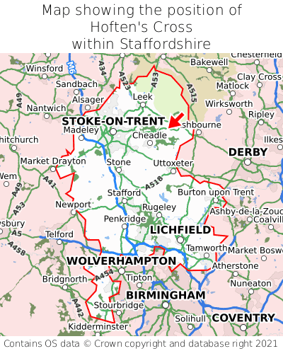 Map showing location of Hoften's Cross within Staffordshire