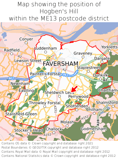 Map showing location of Hogben's Hill within ME13