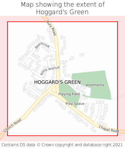Map showing extent of Hoggard's Green as bounding box