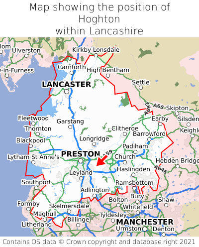 Map showing location of Hoghton within Lancashire