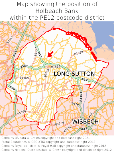 Map showing location of Holbeach Bank within PE12