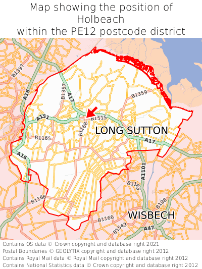 Map showing location of Holbeach within PE12