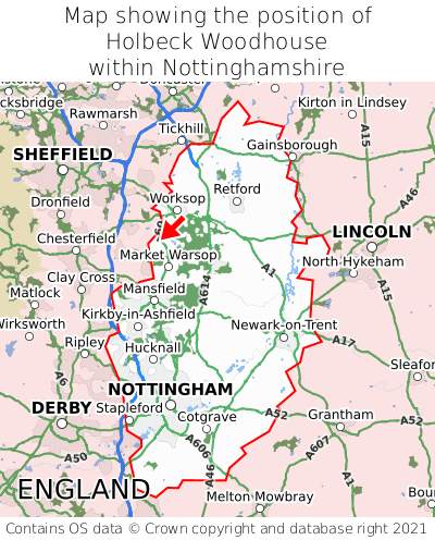 Map showing location of Holbeck Woodhouse within Nottinghamshire