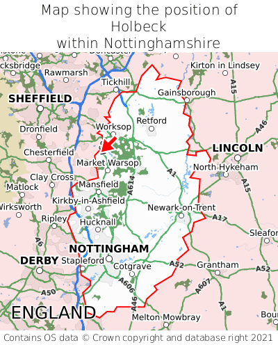 Map showing location of Holbeck within Nottinghamshire