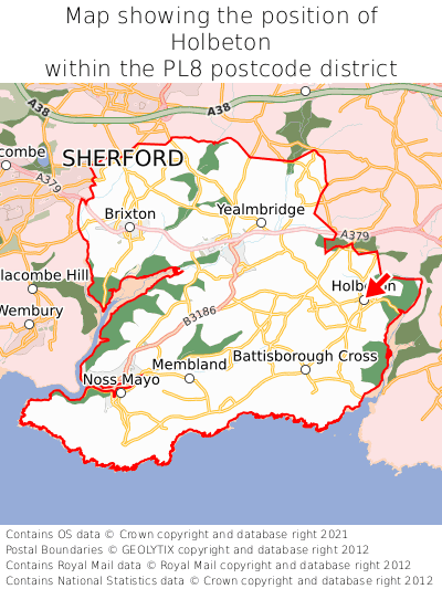 Map showing location of Holbeton within PL8