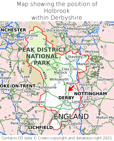 Map showing location of Holbrook within Derbyshire