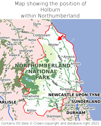 Map showing location of Holburn within Northumberland